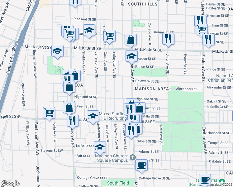 map of restaurants, bars, coffee shops, grocery stores, and more near 320 Highland Street Southeast in Grand Rapids