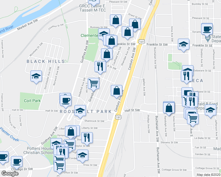 map of restaurants, bars, coffee shops, grocery stores, and more near 1036 Sheridan Avenue Southwest in Grand Rapids