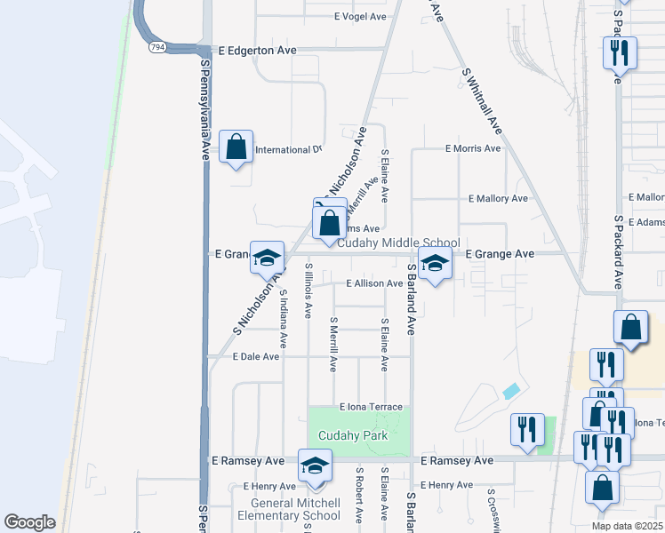 map of restaurants, bars, coffee shops, grocery stores, and more near 2818 East Allison Avenue in Cudahy