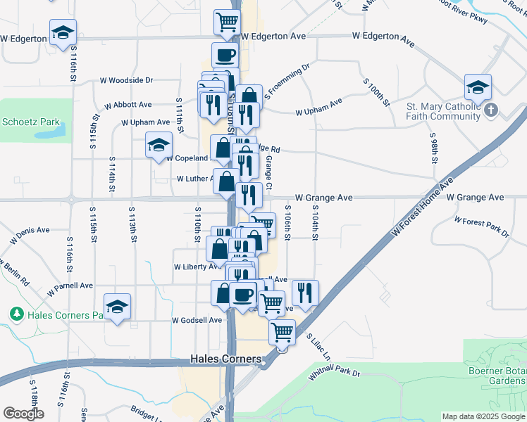 map of restaurants, bars, coffee shops, grocery stores, and more near 5552 U.S. 45 in Hales Corners