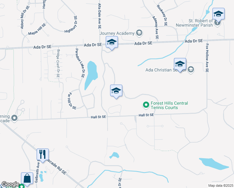 map of restaurants, bars, coffee shops, grocery stores, and more near 5901 Hall Street Southeast in Grand Rapids