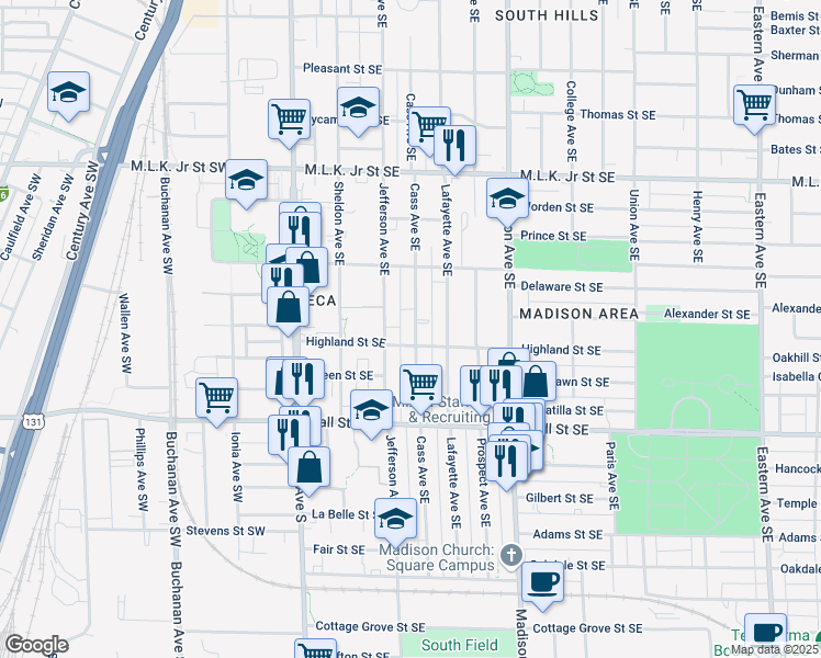map of restaurants, bars, coffee shops, grocery stores, and more near 1061 Cass Avenue Southeast in Grand Rapids