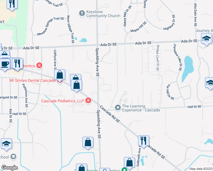 map of restaurants, bars, coffee shops, grocery stores, and more near 5213 Knoll Place Drive Southeast in Grand Rapids