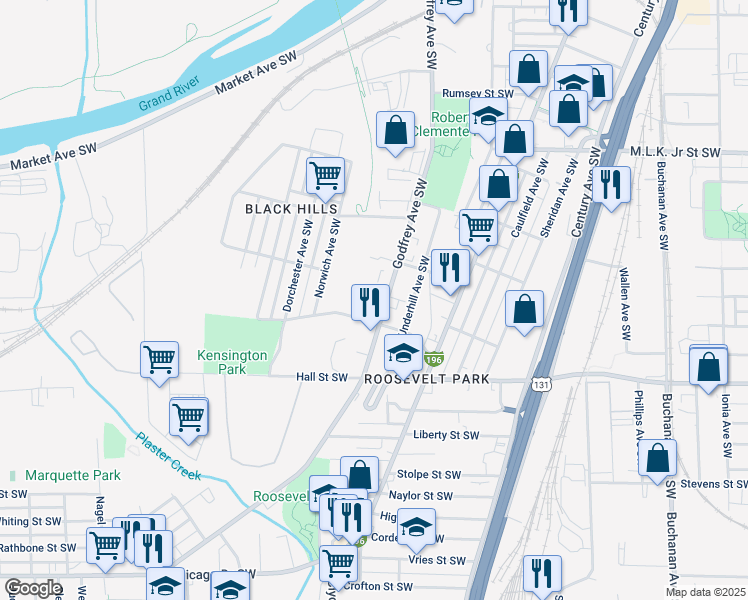 map of restaurants, bars, coffee shops, grocery stores, and more near 1068 Godfrey Avenue Southwest in Grand Rapids