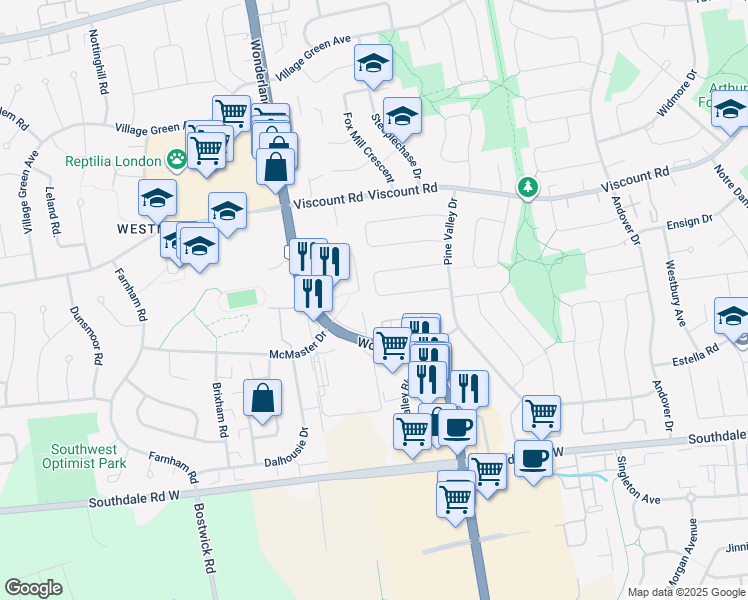 map of restaurants, bars, coffee shops, grocery stores, and more near 78 Mountainview Crescent in London