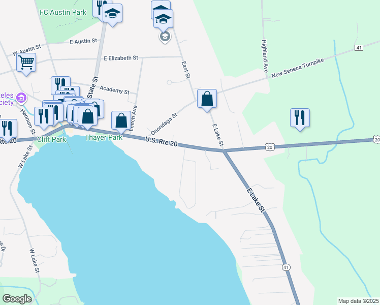 map of restaurants, bars, coffee shops, grocery stores, and more near 150 East Genesee Street in Skaneateles