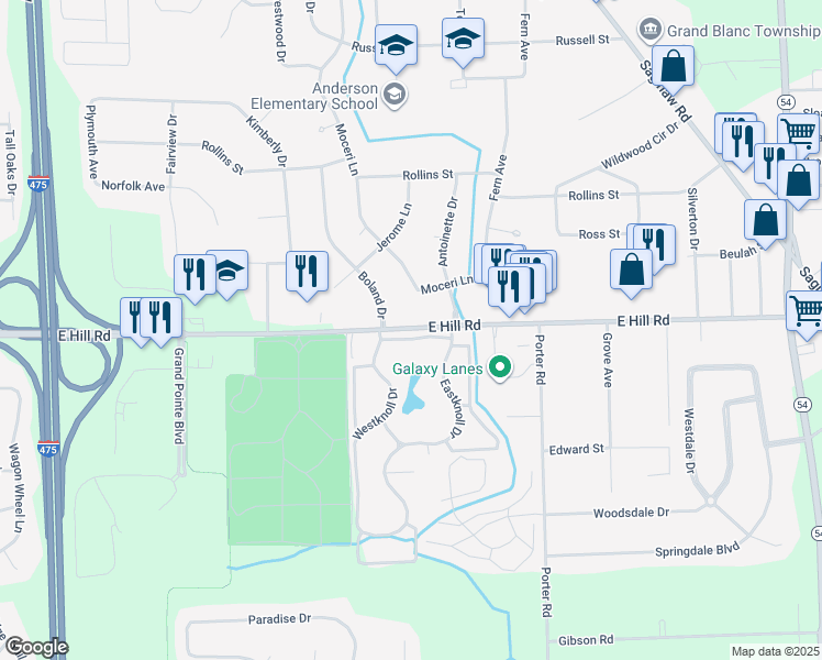 map of restaurants, bars, coffee shops, grocery stores, and more near 2120 East Hill Road in Grand Blanc Township