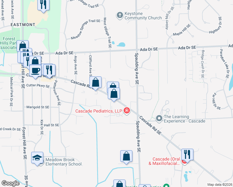 map of restaurants, bars, coffee shops, grocery stores, and more near 5050 Cascade Road Southeast in Grand Rapids