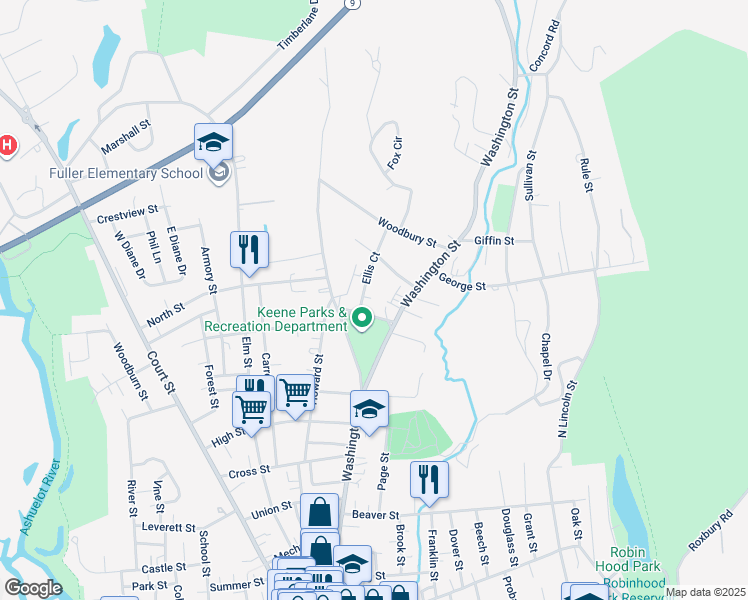 map of restaurants, bars, coffee shops, grocery stores, and more near 312 Washington Street in Keene