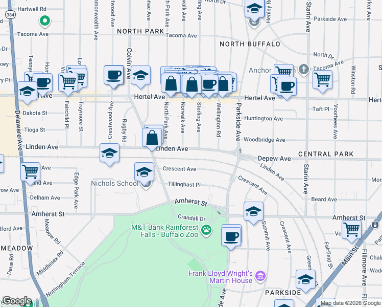 map of restaurants, bars, coffee shops, grocery stores, and more near 715 Crescent Avenue in Buffalo