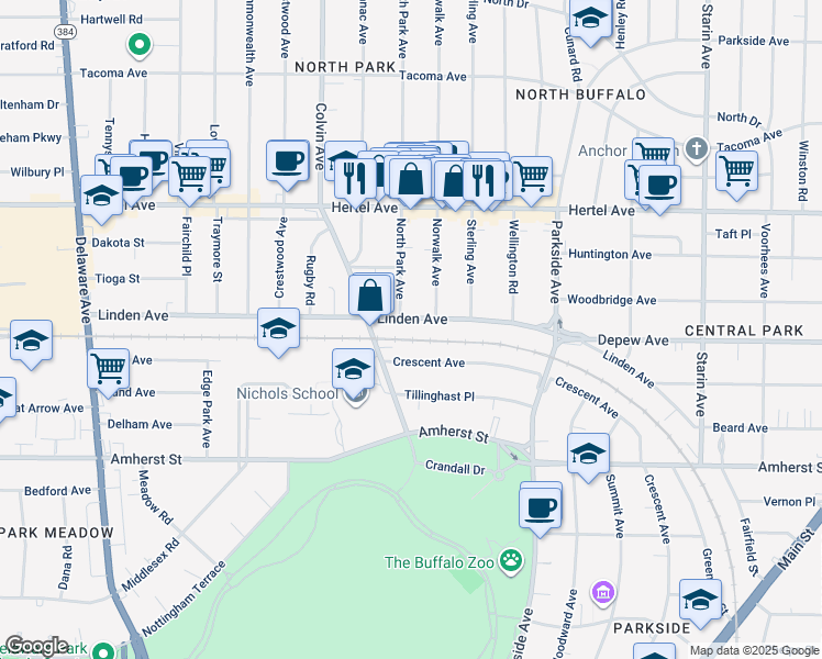 map of restaurants, bars, coffee shops, grocery stores, and more near 749 Crescent Avenue in Buffalo