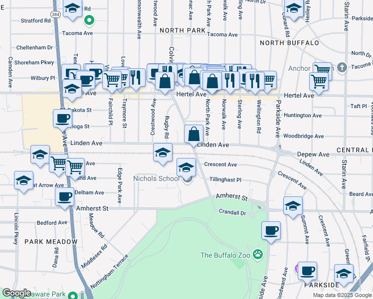 map of restaurants, bars, coffee shops, grocery stores, and more near 402 Linden Avenue in Buffalo
