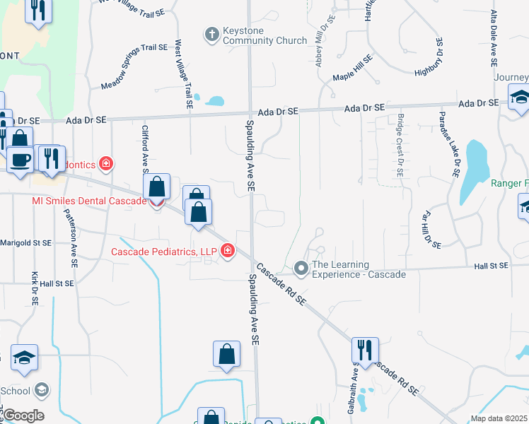 map of restaurants, bars, coffee shops, grocery stores, and more near 5213 Knoll Place Drive Southeast in Grand Rapids