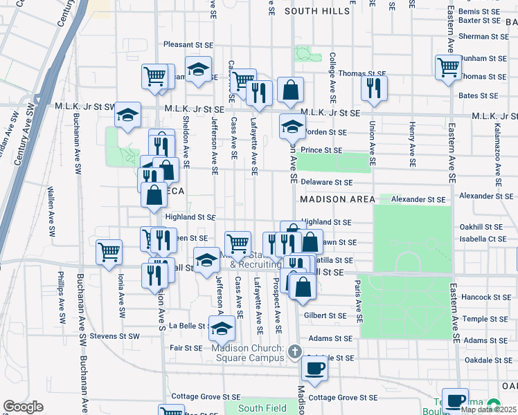 map of restaurants, bars, coffee shops, grocery stores, and more near 320 Highland Street Southeast in Grand Rapids