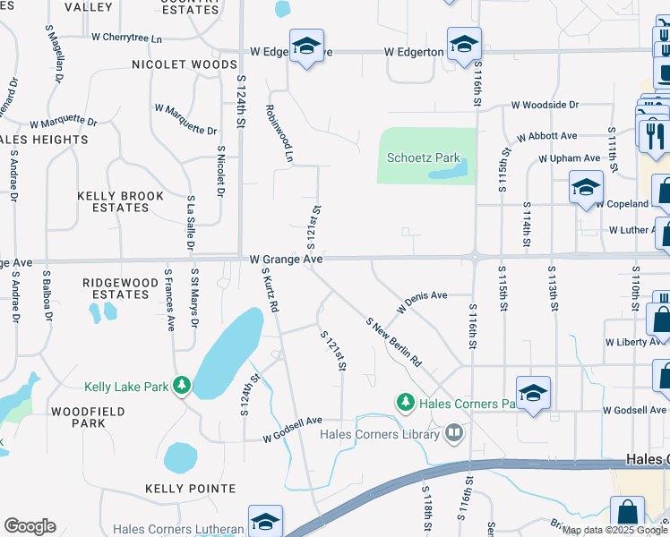 map of restaurants, bars, coffee shops, grocery stores, and more near 5560 South New Berlin Road in Hales Corners