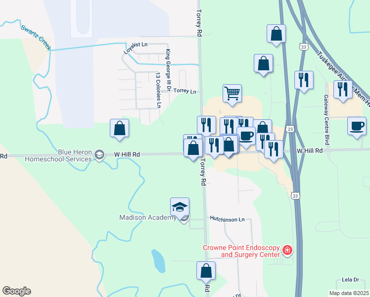 map of restaurants, bars, coffee shops, grocery stores, and more near 3040 West Hill Road in Flint