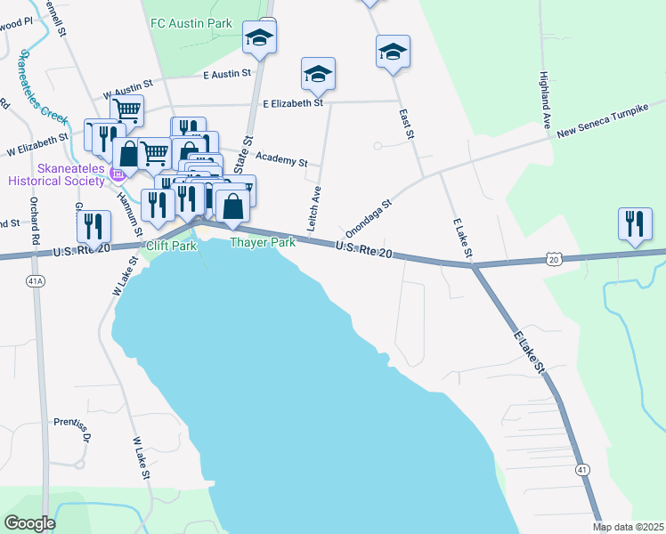 map of restaurants, bars, coffee shops, grocery stores, and more near 116 East Genesee Street in Skaneateles