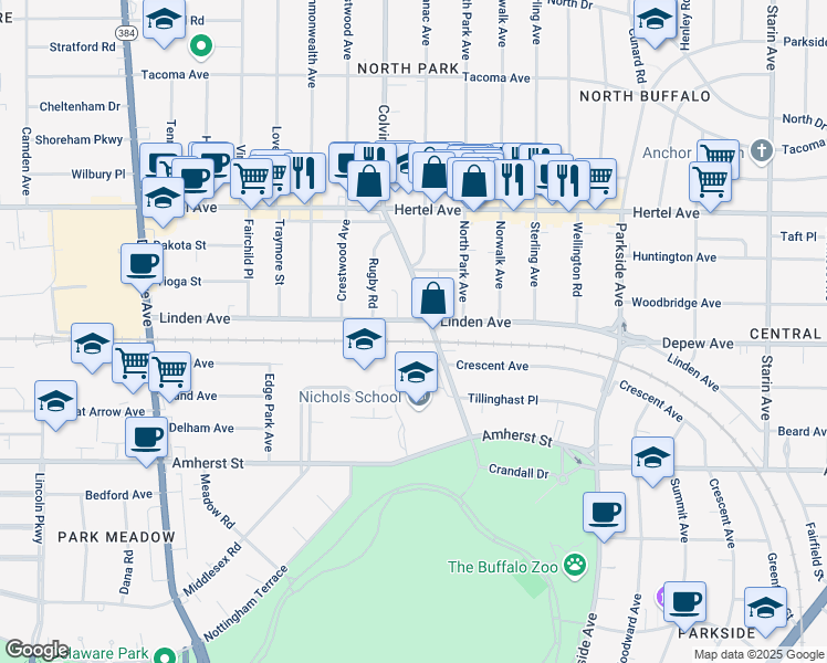 map of restaurants, bars, coffee shops, grocery stores, and more near 402 Linden Avenue in Buffalo