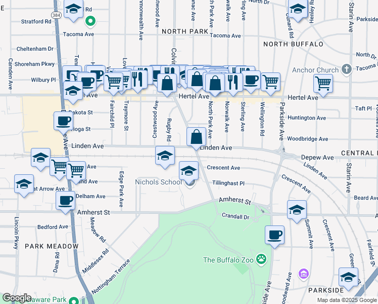 map of restaurants, bars, coffee shops, grocery stores, and more near 148 Colvin Avenue in Buffalo