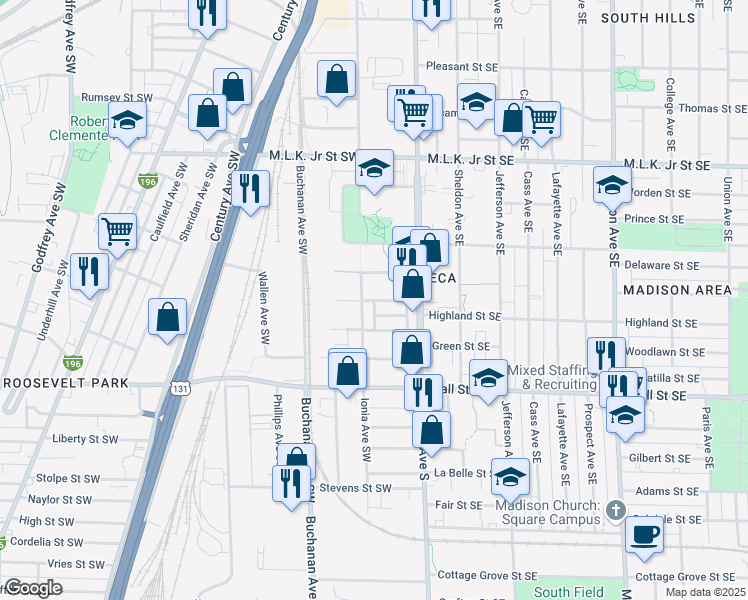 map of restaurants, bars, coffee shops, grocery stores, and more near Shelby Street Southwest in Grand Rapids