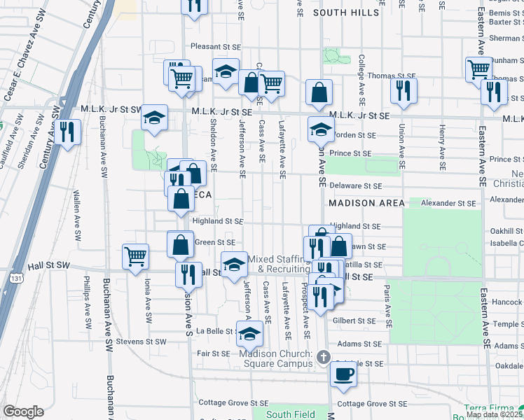 map of restaurants, bars, coffee shops, grocery stores, and more near 1061 Cass Avenue Southeast in Grand Rapids