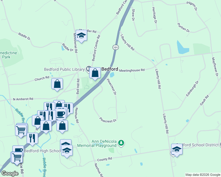 map of restaurants, bars, coffee shops, grocery stores, and more near 4 Pinecrest Drive in Bedford