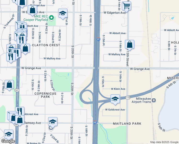 map of restaurants, bars, coffee shops, grocery stores, and more near 1706 West Grange Avenue in Milwaukee