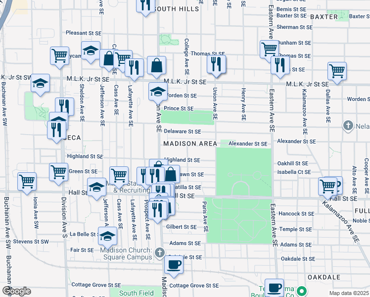 map of restaurants, bars, coffee shops, grocery stores, and more near 458 Howard Street Southeast in Grand Rapids