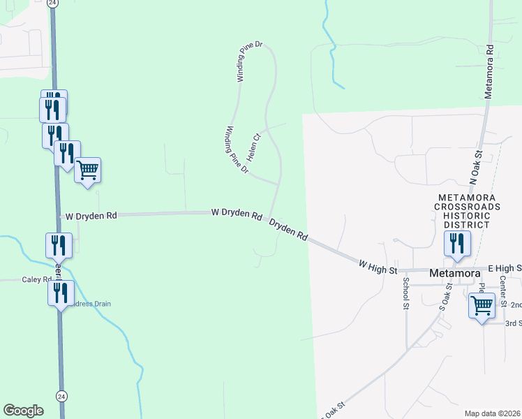 map of restaurants, bars, coffee shops, grocery stores, and more near 3850 Winding Pine Drive in Metamora