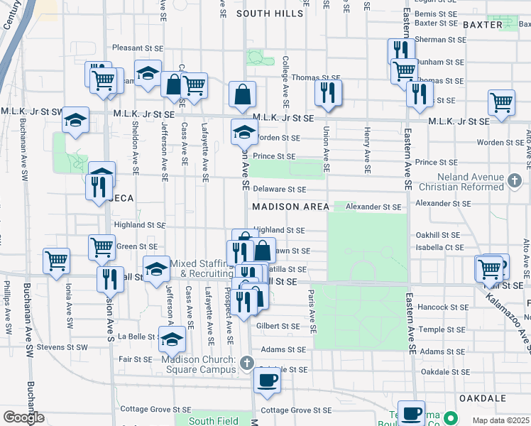 map of restaurants, bars, coffee shops, grocery stores, and more near 426 Howard Street Southeast in Grand Rapids