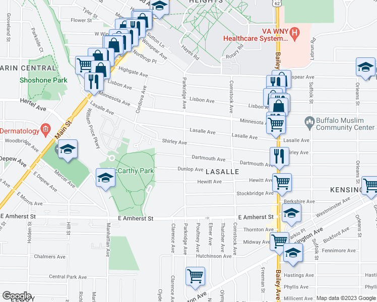 map of restaurants, bars, coffee shops, grocery stores, and more near 343 Parkridge Avenue in Buffalo