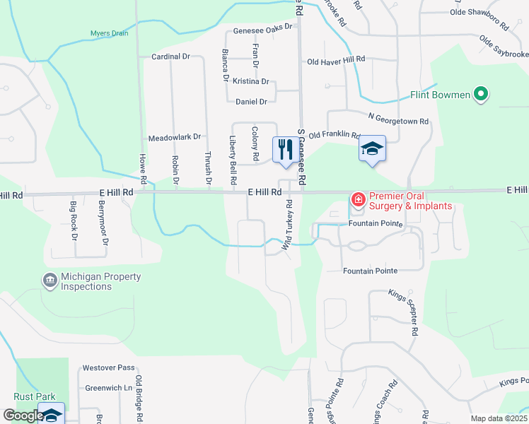 map of restaurants, bars, coffee shops, grocery stores, and more near 4444 East Hill Road in Grand Blanc