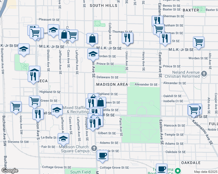 map of restaurants, bars, coffee shops, grocery stores, and more near 458 Howard Street Southeast in Grand Rapids