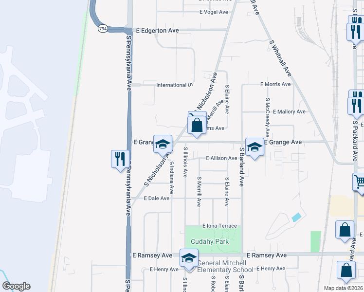 map of restaurants, bars, coffee shops, grocery stores, and more near 5511 South Illinois Avenue in Cudahy
