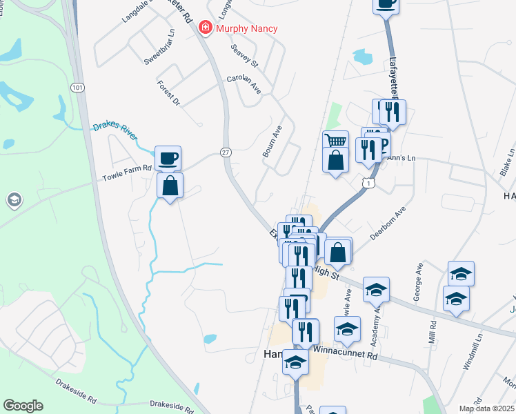 map of restaurants, bars, coffee shops, grocery stores, and more near 1A Josephine Drive in Hampton