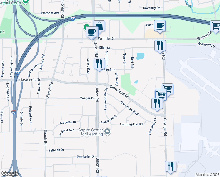 map of restaurants, bars, coffee shops, grocery stores, and more near 1250 Cleveland Drive in Buffalo
