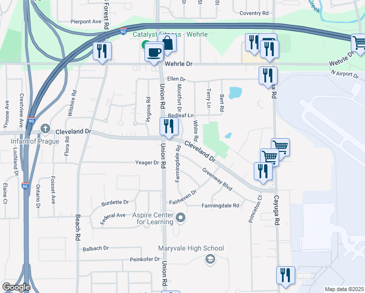 map of restaurants, bars, coffee shops, grocery stores, and more near 1250 Cleveland Drive in Buffalo