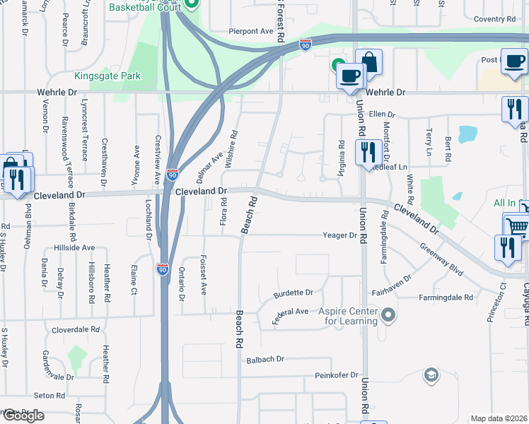 map of restaurants, bars, coffee shops, grocery stores, and more near 889 Beach Road in Cheektowaga