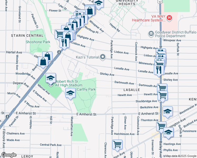 map of restaurants, bars, coffee shops, grocery stores, and more near 18 Shirley Avenue in Buffalo