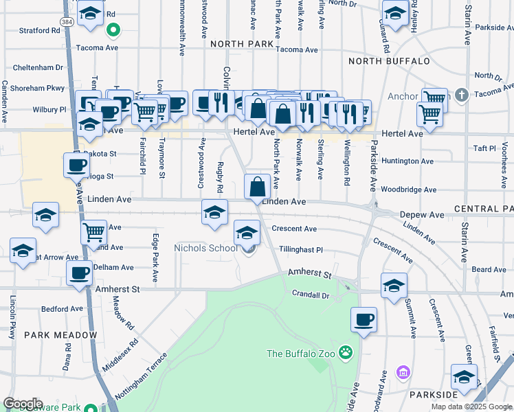 map of restaurants, bars, coffee shops, grocery stores, and more near in Buffalo