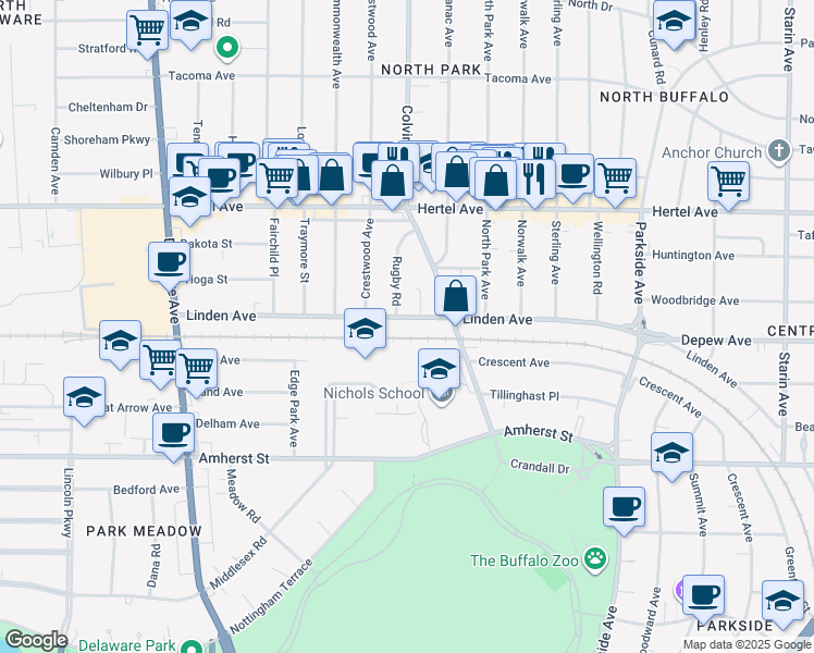 map of restaurants, bars, coffee shops, grocery stores, and more near 14 Rugby Road in Buffalo