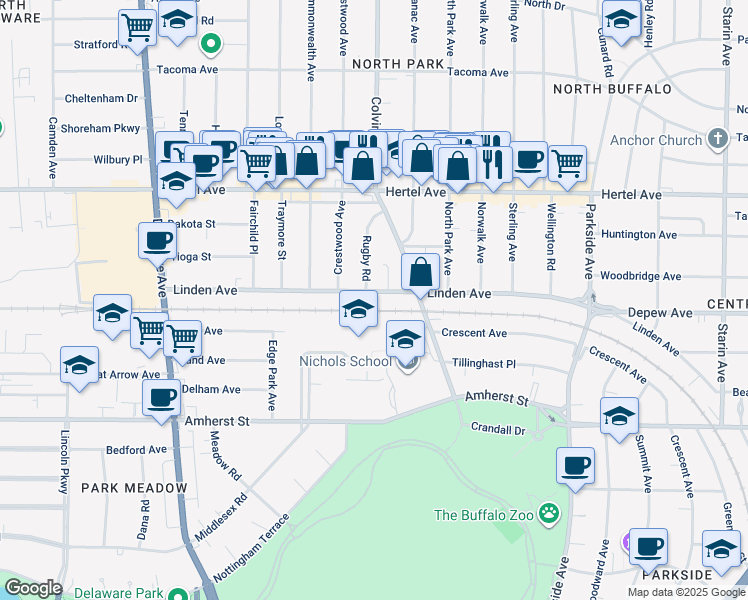 map of restaurants, bars, coffee shops, grocery stores, and more near 14 Rugby Road in Buffalo