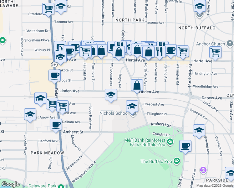 map of restaurants, bars, coffee shops, grocery stores, and more near 14 Rugby Road in Buffalo