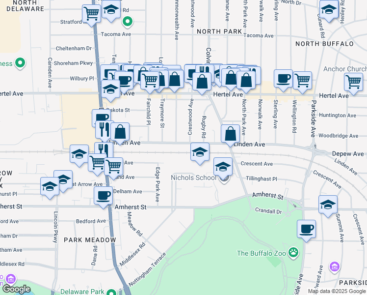 map of restaurants, bars, coffee shops, grocery stores, and more near 14 Crestwood Avenue in Buffalo