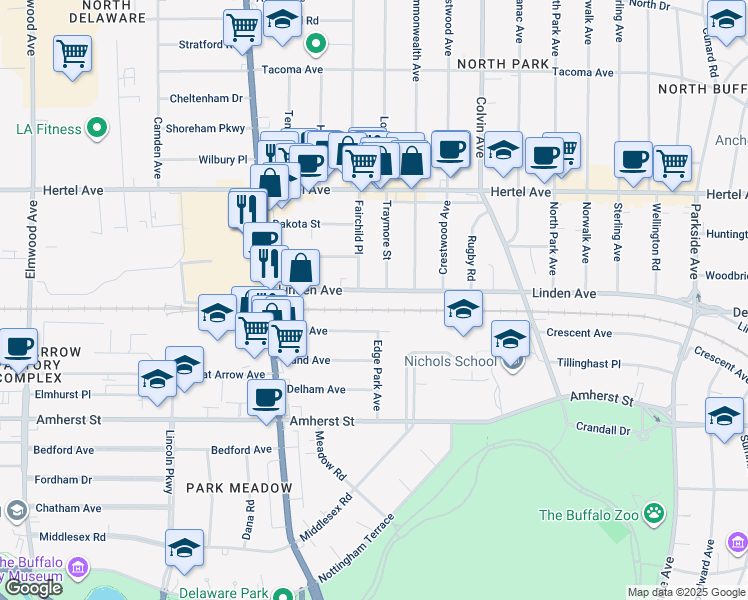 map of restaurants, bars, coffee shops, grocery stores, and more near 15 Fairchild Place in Buffalo