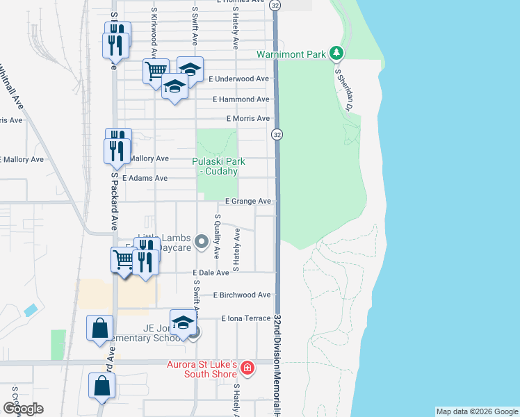 map of restaurants, bars, coffee shops, grocery stores, and more near 5483A South Lake Drive in Cudahy