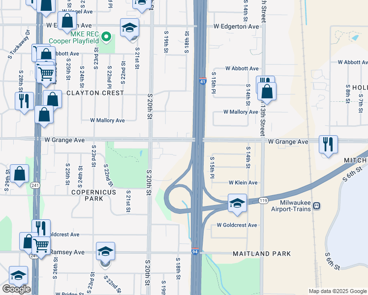 map of restaurants, bars, coffee shops, grocery stores, and more near 1706 West Grange Avenue in Milwaukee