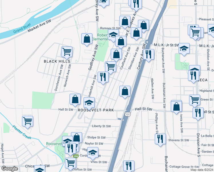 map of restaurants, bars, coffee shops, grocery stores, and more near 1034 Cesar E. Chavez Avenue Southwest in Grand Rapids