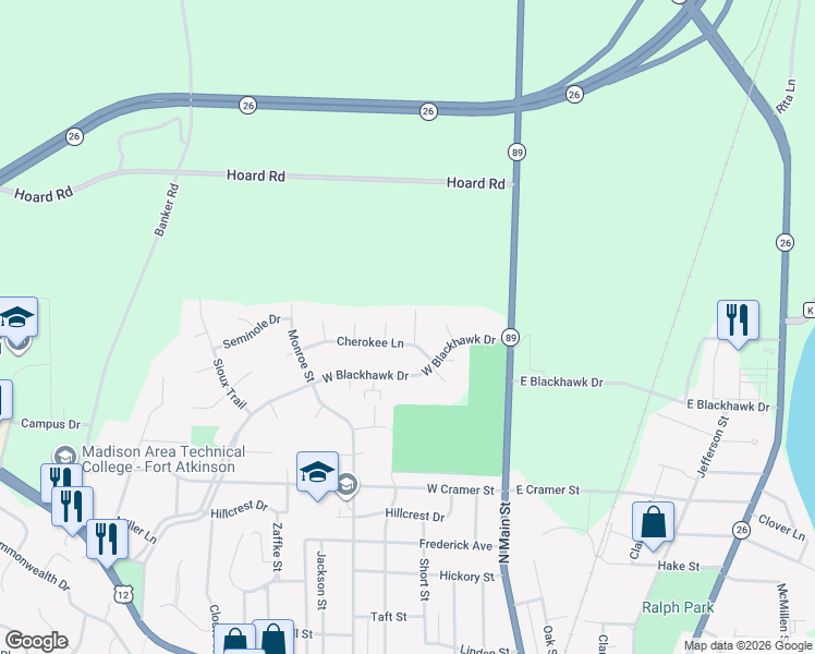 map of restaurants, bars, coffee shops, grocery stores, and more near 1212 Shawnee Street in Fort Atkinson