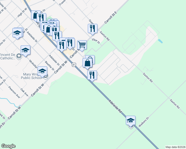 map of restaurants, bars, coffee shops, grocery stores, and more near 459 Richard Crescent in Strathroy